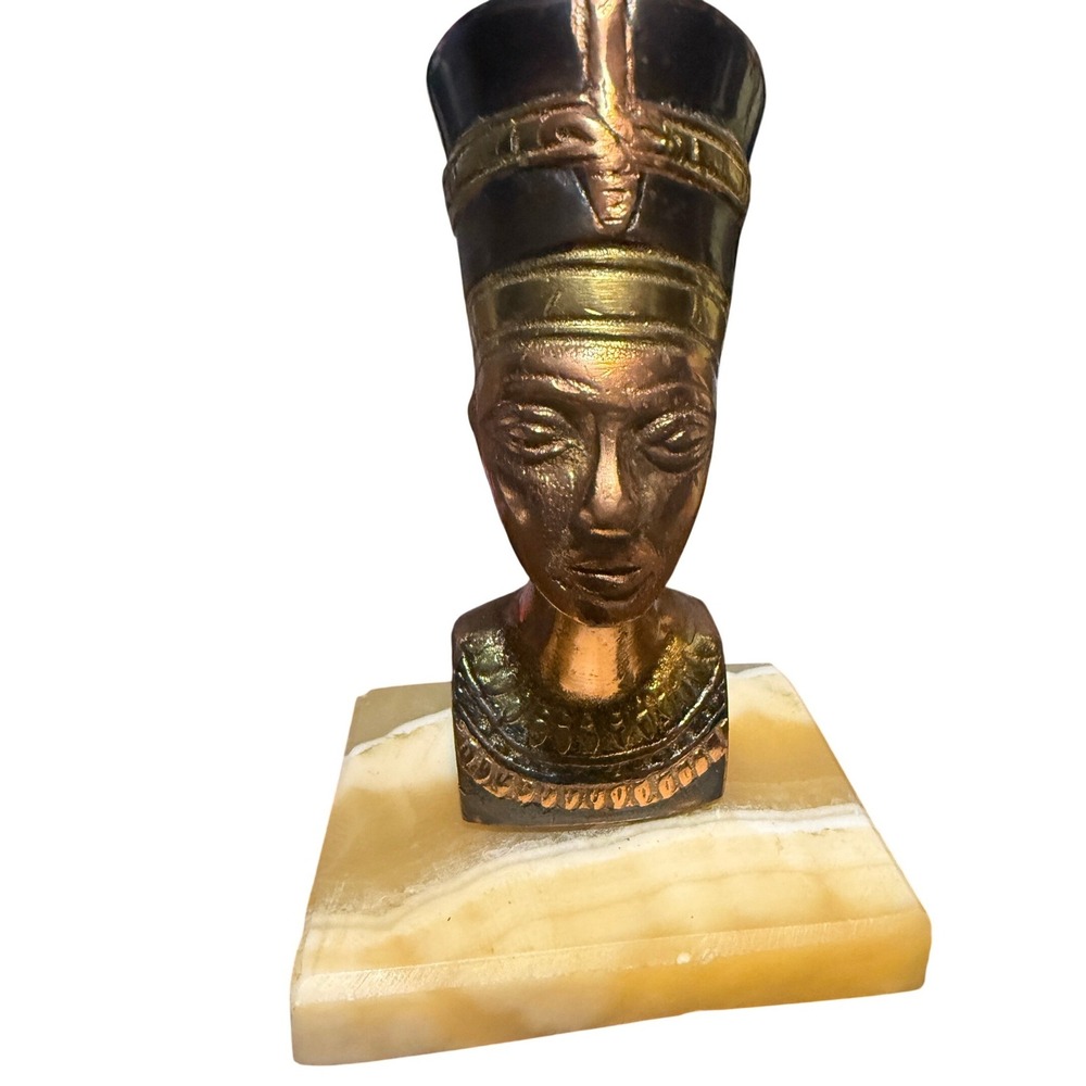 VTG Brass‎ Egyptian Nefertiti Bust Figurine Gold Marble Base Statue Art Deco